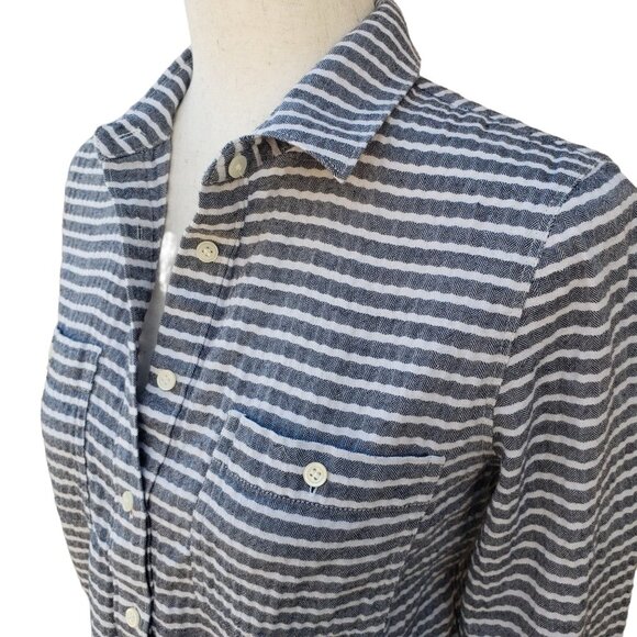 Madewell Gray and White Strip Long Sleeve Collared Shirt Half Button Front S - Picture 2 of 5